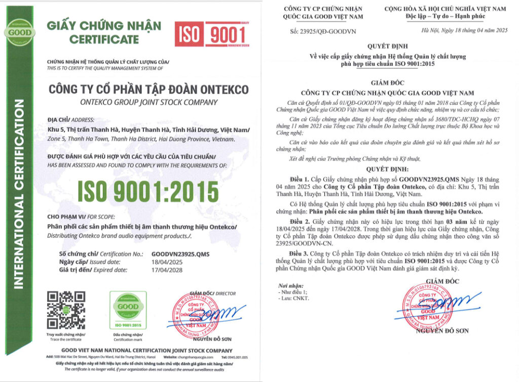 Chứng nhận ISO 9001-2015 Ontekco